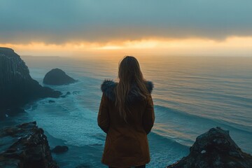 Poster - Woman standing by the sea at sunrise, practicing mindfulness and gratitude