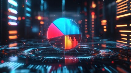 Poster - A glowing D pie chart with vibrant colors, suspended in a futuristic space-like environment.