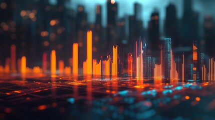 Poster - A graphic rendering of an abstract cityscape made of glowing bars and charts, symbolizing urban analytics.