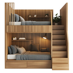 Aufkleber - A stylish wooden bunk bed featuring integrated storage, a built-in staircase, and a minimalist design aesthetic.