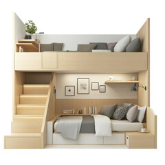 Poster - A contemporary wooden bunk bed with a built-in staircase, storage drawers, and shelves, showcasing a minimalist and space-saving design.