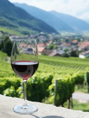 Poster - Close-up view of a glass filled with red wine against a picturesque vineyard landscape in the background