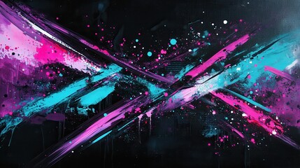Leinwandbilder - Bright turquoise and vibrant magenta sparkles create a futuristic feel on a dark background with bold abstract strokes