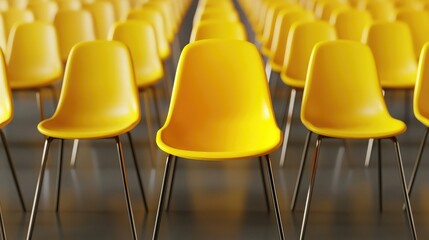 Poster - Yellow chair standing out among rows of identical chairs, 3D render. Business concept symbolizing leadership, recruitment, or individuality. Eye-catching design with impactful messaging.