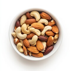 Poster - Mixed nuts in a white ceramic bowl on a plain white background displaying a variety of textures and colors