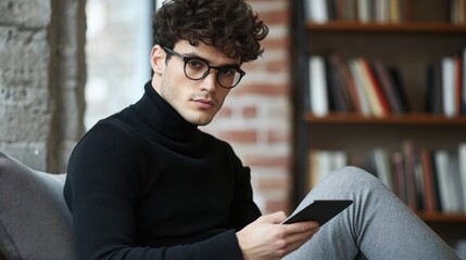 Poster - Young man in stylish glasses reading on a digital tablet in a modern space with natural light