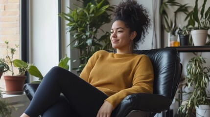 Poster - Young woman sits relaxed in a minimalist room, enjoying natural light and a cozy atmosphere