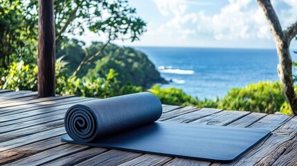 Poster - Yoga mat rolled out on a wooden deck overlooking a serene ocean view