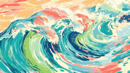 Fototapete - Vibrant wave pattern in lime green, turquoise, and coral pink creating an energetic background design