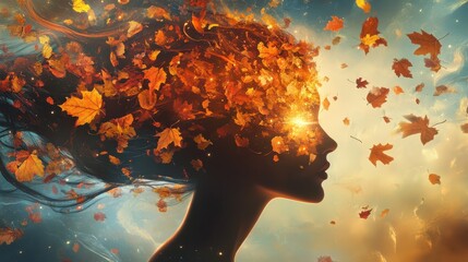 Poster - Surreal autumn woman glowing with radiant leaves and gentle winds in a harmonious nature scene