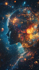 Poster - Surreal depiction of a woman with glowing starlit orbs as her profile merges into vast galaxies