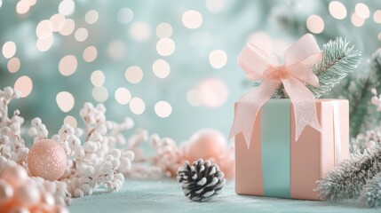 Poster - Soft pastel gradient background with bokeh lights showcasing a beautifully wrapped gift in winter decor