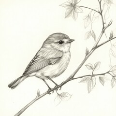 Poster - Delicate pencil drawing of a small bird perched on a branch with vibrant leaves