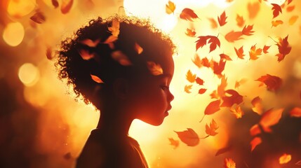 Poster - Child surrounded by vibrant autumn leaves glowing softly in a heartfelt moment of reflection