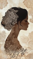 Poster - Serene portrait of a woman in vintage lace patterns reflecting timeless elegance and soft sepia tones