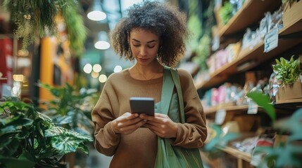 Poster - Young professional exploring a store with her smartphone and eco-friendly bags