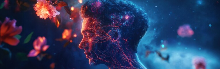 Aufkleber - Mystical profile of a man illuminated by mechanical flowers and vibrant neural connections in a cosmic landscape