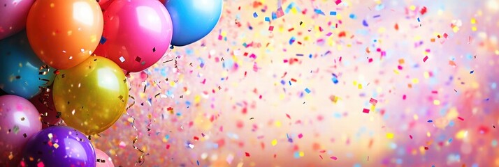 Poster - Colorful balloons and confetti create a festive atmosphere for joyful celebrations in a cheerful setting. Generative AI