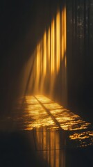 Aufkleber - Golden beams pierce misty darkness, creating serene reflections in a mysterious room