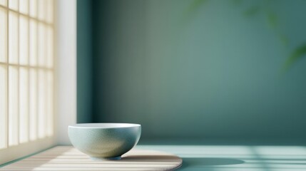 Aufkleber - Minimalist bowl on a wooden tray with soft gray and teal gradient background in a serene setting
