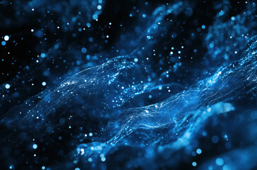 Aufkleber - A captivating display of blue waves and shimmering particles creates an illusion of depth and motion. The dynamic patterns blend seamlessly in a dark setting, evoking a serene atmosphere.