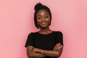 Wall Mural - Young smiling woman standing confidently with crossed arms, gazing warmly at the camera over a pink background