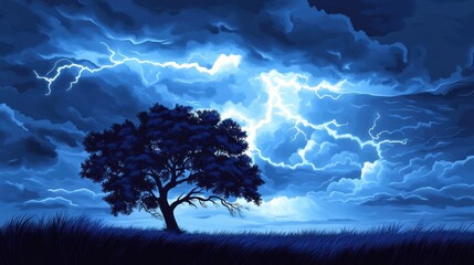 Poster - Stormy sky with dramatic clouds and lightning illuminating a lone tree in a wide field