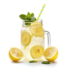 Poster - Refreshing lemonade in a glass mason jar with mint and lemon slices on a white backdrop