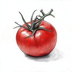 Poster - Fresh tomato sketch with vine showcasing detailed pencil artistry and vibrant color contribution