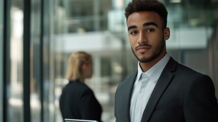 Aufkleber - Focused young professional engaging in corporate discussion with colleagues in a modern office setting