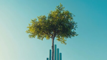Poster - A tree with bar graph-shaped branches, blending nature with financial progress under a clear blue sky.