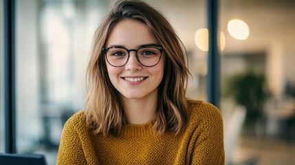 Aufkleber - Young woman smiles while working on her laptop in a modern office with warm lighting