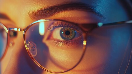 Aufkleber - Close up of a female eye behind glasses showcasing vibrant colors and intricate details in a well lit setting. Generative AI