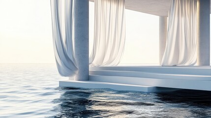 Poster - Water-inspired platform with waving curtains for minimalistic promotions, 3D render