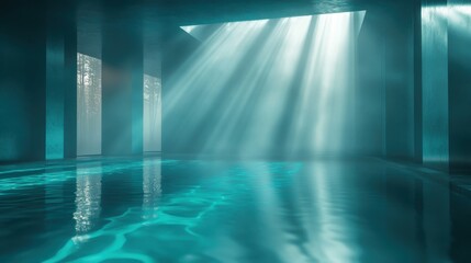 Poster - Cinematic atmosphere with dark teal reflections and silver beams illuminating a foggy surface in a tranquil space