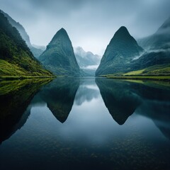 Wall Mural - Majestic Misty Mountain Lake with Dramatic Reflections