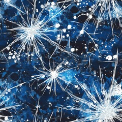 Poster - Bold doodle cartoon watercolor pattern featuring radiant snowflakes and glowing icy crystals in dynamic blues and silvers