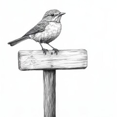 Aufkleber - Bird perched on a wooden signpost sketched in pencil on a white background capturing a tranquil moment in nature