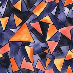 Poster - Bold cartoon doodle watercolor pattern featuring angular shapes in indigo, black, and fiery orange tones