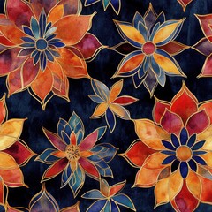 Poster - Bold watercolor mandalas of radiant flowers in jewel tones and soft golds capturing vibrant elegance in design