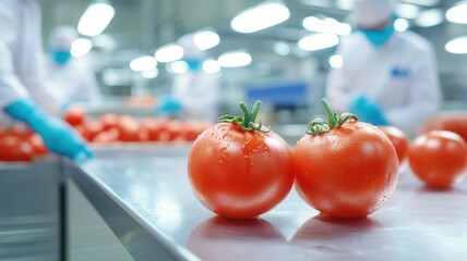 Food safety inspection health concept. Fresh, red tomatoes on a stainless steel table in a food processing facility, with workers in white coats and gloves in the background.