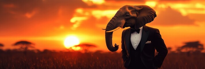 Poster - Elephant in a tuxedo standing at sunset in an African savanna showcasing unique animal attire and scenic beauty. Generative AI