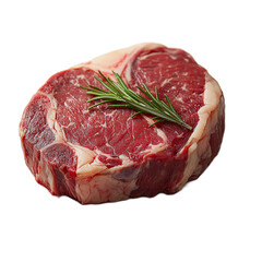 A raw ribeye steak with a sprig of rosemary on top.