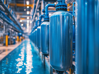 Wall Mural - Water filtration system in factory with blue pipes and tanks