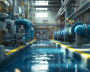 Wall Mural - factory interior with blue pipes and clear water creates serene atmosphere