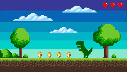 Poster - Pixel game, a picture that represents the location in the game, coins and health, trees and bushes, sky and clouds. Vector illustration EPS 10