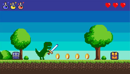 Poster - Pixel game, a picture that represents the location in the game, coins and health, trees and bushes, sky and clouds. Vector illustration EPS 10