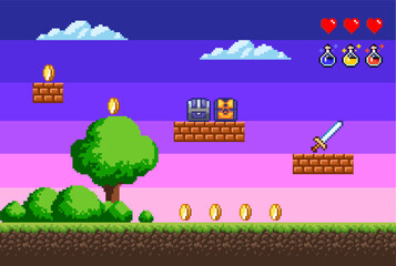 Poster - Pixel game, a picture that represents the location in the game, coins and health, trees and bushes, sword. Vector illustration EPS 10