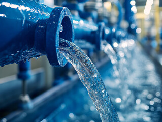 Wall Mural - Close up of blue pipes with clear water flowing in factory setting