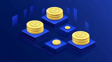 Poster - Isometric Bitcoin Stacks on Blue Platforms, Representing Cryptocurrency Growth